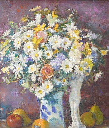 Richard Smith, oil on canvas board, Still life with flowers and pears, unsigned, label verso, 42 x 36cm. Condition - good